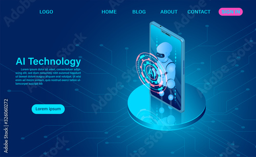 artificial intelligence robot technology. system analysis. big data processing. isometric vector neon dark