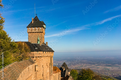 Haut-Koenigsbourg castle overlooking the plain of Alsace on a sunny day, France.