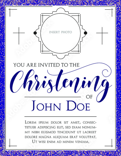 Boys Christening Invitation with beautiful lettering. Template in Vector about Baptism ceremony