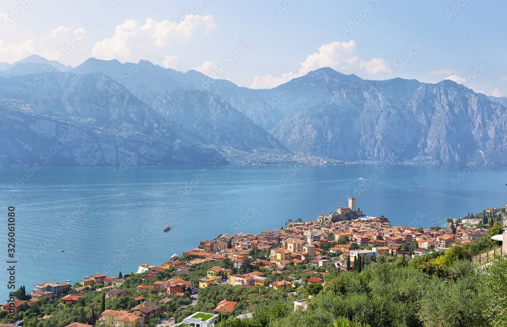 Malcesine town and Garda lake aerial view, Italy