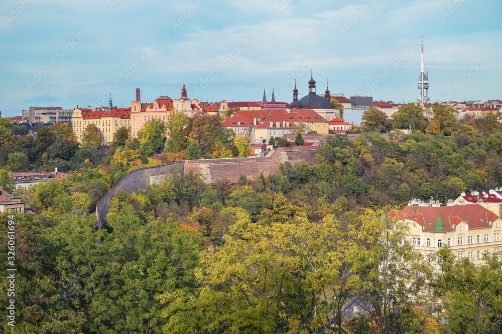 Autumn view of greenery and part of Prague II from Vysehrad in Czech Republic