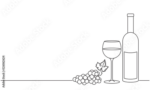 Wine glass, a bottle of wine and grapes. Still life. Sketch. Transparent line draw. Decor