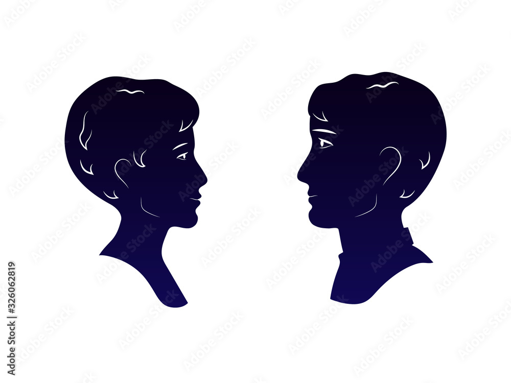 Young man and woman heads dark blue profiles silhouettes looking each other in the eyes, romantic date vector Young man and woman heads dark blue profiles silhouettes looking each other in the eyes, romantic date vector