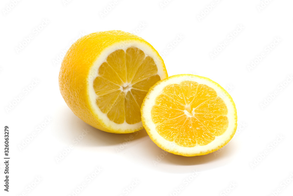 Bright juicy lemon and a slice of lemon on a white background	