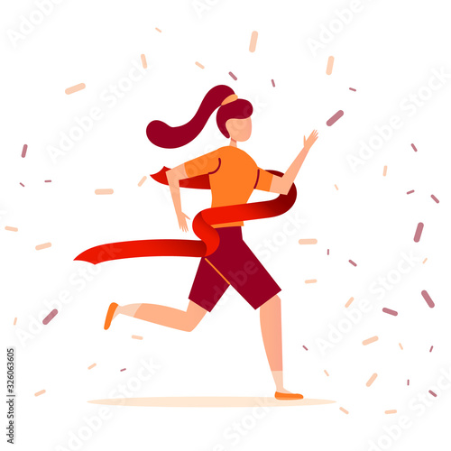 Young brunette athlete girl runs a marathon and finishes first the finish line. Victory in a sport running race.