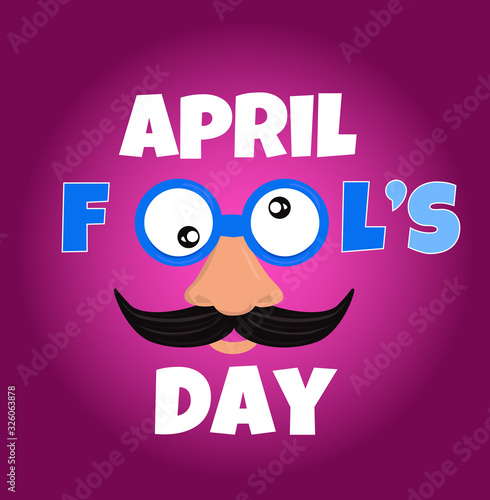 April Fools Day with funny glasses and clown hat. Flat vector illustration for greeting card, banner, promotion, poster, flyer, marketing, and signage. Colorful desing.	