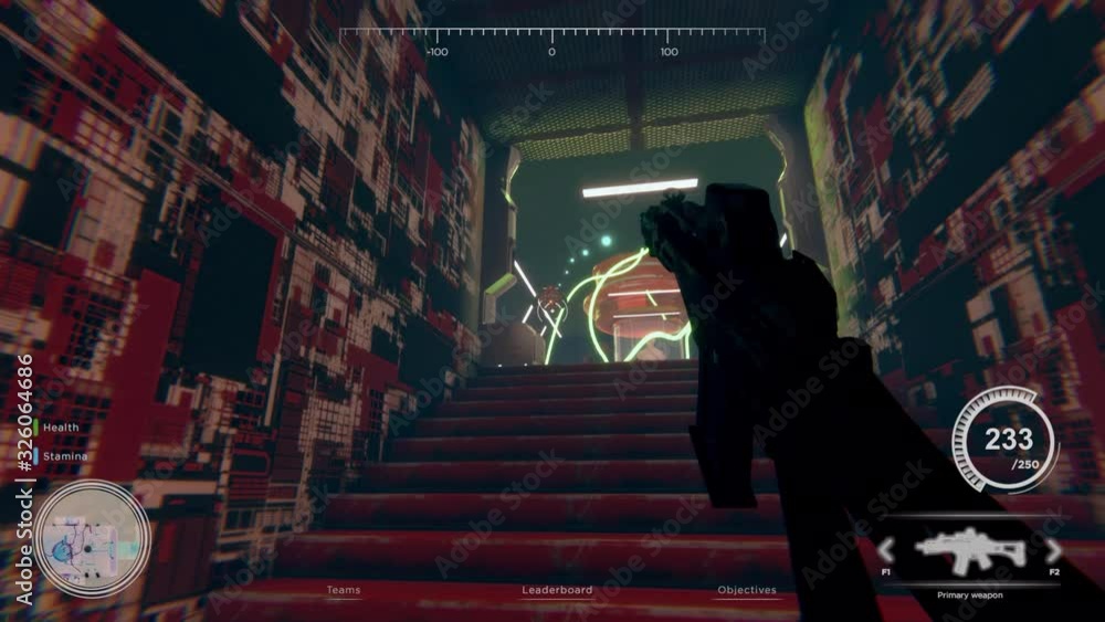 Sci fi video game 3D animation space shooter with winner overlay at the end