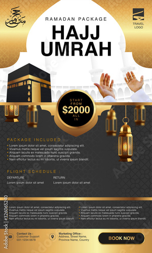 Islamic Ramadan Hajj & Umrah Brochure or Flyer Template Background Vector Design With praying hands and mecca Illustration in 3D realistic design.