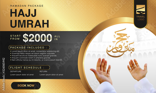 Islamic Ramadan Hajj & Umrah Brochure or Flyer Template Background Vector Design With praying hands and mecca Illustration. photo