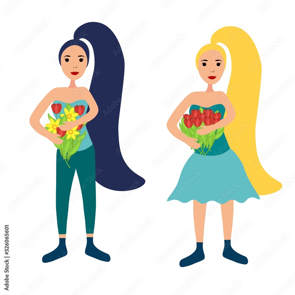 Girls blonde and brunette with bouquets of tulips in hands in a flat style isolated on white background. Stock vector illustration for decoration and design, packaging, Easter, greeting cards, banners Girls blonde and brunette with bouquets of tulips in hands in a flat style isolated on white background. Stock vector illustration for decoration and design, packaging, Easter, greeting cards, banners
