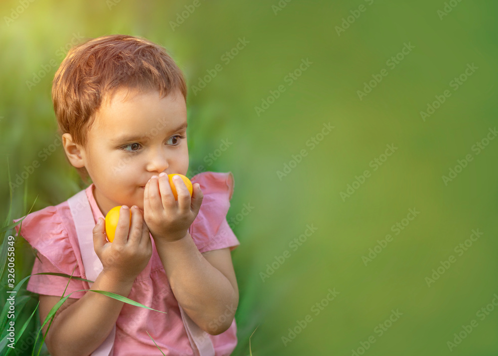 Boy holding easter eggs in her hands on a background of green grass. Kid wants to eat an egg. happy easter day Boy holding easter eggs in her hands on a background of green grass. Kid wants to eat an egg. happy easter day