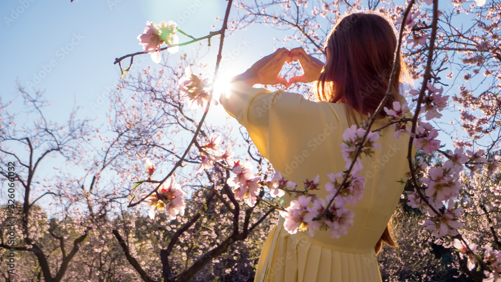 Naklejka premium Beautiful pregnant woman maternity photoshoot in blooming early spring flowers with her hands in heart shape showing care and healthy lifestyle
