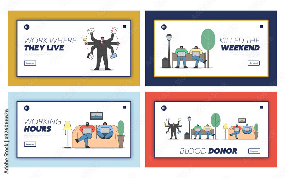 Self-Employment Work Concept. Website Landing Pages Set. Businessman Doing Multiple Tasks Holding Office Supplies in Arms, Freelancers Work Remotely. Cartoon Outline Linear Flat Vector Illustrations Self-Employment Work Concept. Website Landing Pages Set. Businessman Doing Multiple Tasks Holding Office Supplies in Arms, Freelancers Work Remotely. Cartoon Outline Linear Flat Vector Illustrations