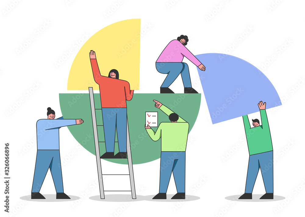 Concept Of Financial Statement Forming And Business Report. People Connecting Together Pieces Of Big Pie Chart. Teamwork With Team Leader. Cartoon Outline Linear Flat Style. Vector Illustration