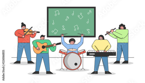 Musical Education Concept. People Are Learning To Play Different Musical Instruments. Students Have A Group Music Lesson in Orchestra At School. Cartoon Linear Outline Flat Style. Vector Illustration