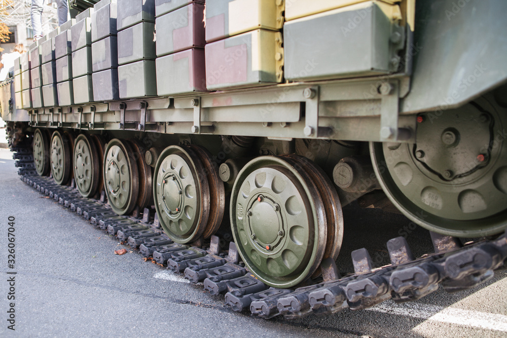 custom made wallpaper toronto digitalCaterpillar tank tracks close-up. The Caterpillar Track of a Military Tank. Military equipment. Weapons.