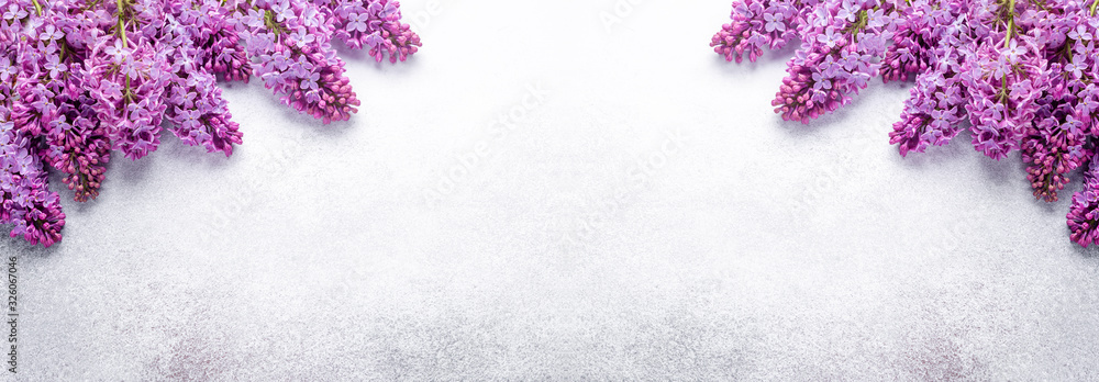 Brunches of beautiful purple lilacs on stone background. Long horizontal banner. Mockup - obrazy, fototapety, plakaty 