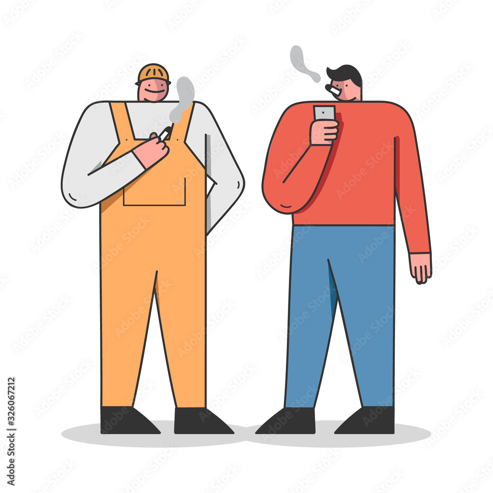 Concept Of Human Bad Habit, Healthcare And Smoking Addiction. Men Are Smoking Cigarettes At Public Place. Workers Are Smoking At Break Time. Cartoon Outline Linear Flat Style. Vector Illustration Concept Of Human Bad Habit, Healthcare And Smoking Addiction. Men Are Smoking Cigarettes At Public Place. Workers Are Smoking At Break Time. Cartoon Outline Linear Flat Style. Vector Illustration