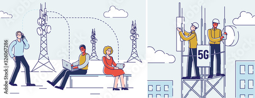 5G Technology Concept. People Use High Speed Internet for Communication and Gadgets. Workers on Repeater Tower Are Setting Up High-Speed Internet. Cartoon Linear Outline Flat Vector Illustration