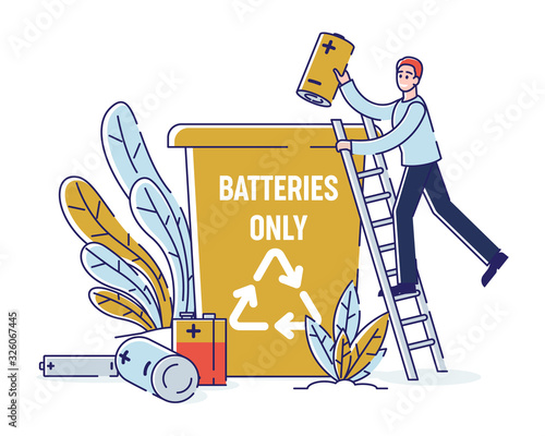 Used Batteries Recycling, Cleaning Environment Concept. Man Collect Used Batteries And Throw It Into Garbage Container With Recycling Sign On The Side. Cartoon Linear Outline Flat Vector illustration