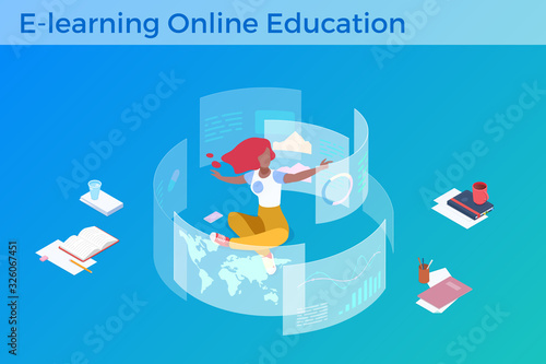 Woman Girl Operating Holographic Interface in Virtual Reality Isometric Flat Vector illustration. E-learning Distant Education Management concept.