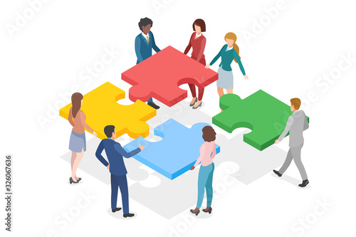 Isometric Teamwork Partnership Leadership flat design vector illustration. Team of People work gathering four Parts of Puzzle.