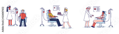 Blood Donation, Healthcare and Medicine Concept. People Donate Blood To Blood Bank In Medical Laboratory. Nurses Assist The Process. Set Of Cartoon Linear Outline Flat Style. Vector Illustrations