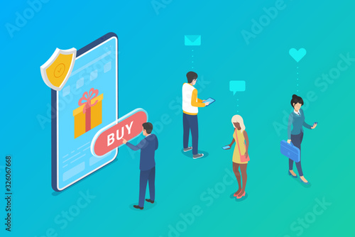 Safe Security Mobile Shopping Payment by Smartphone Mobile Phone Isometric flat vector design illustration