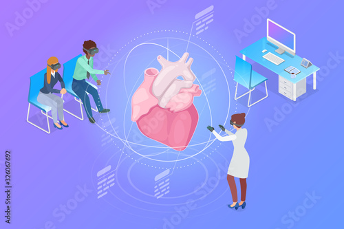 Medicine Diagnostics in Virtual Reality scanning Heart Isometric Flat Vector illustration