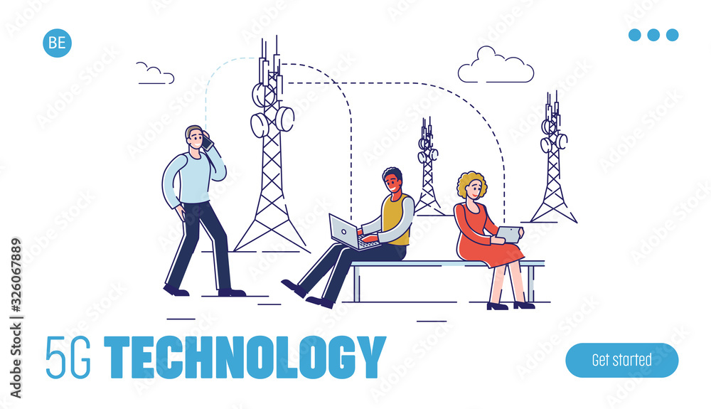 5G Technology Concept. Website Landing Page. People Are Using High Speed Wireless Modern Internet Technology for Communication and Gadgets. Web Page Cartoon Linear Outline Flat Vector Illustration 5G Technology Concept. Website Landing Page. People Are Using High Speed Wireless Modern Internet Technology for Communication and Gadgets. Web Page Cartoon Linear Outline Flat Vector Illustration