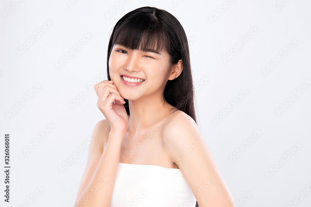 Portrait beautiful young asian woman clean fresh bare skin concept. Asian girl beauty face skincare and health wellness, Facial treatment, Perfect skin, Natural makeup, on white background, Portrait beautiful young asian woman clean fresh bare skin concept. Asian girl beauty face skincare and health wellness, Facial treatment, Perfect skin, Natural makeup, on white background,