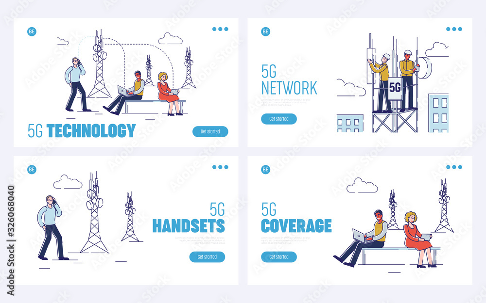 5G Wireless Technology Concept. Website Landing Page. People Use 5G High Speed Modern Wireless Internet for Communication and Work. Set Of Web Pages Cartoon Linear Outline Flat Vector Illustrations
