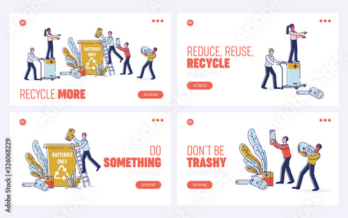Concept Of Used Batteries Recycling. Website Landing Page. People are Collecting And Throwing Used Batteries Into Garbage Container. Set Of Web Pages Cartoon Linear Outline Flat Vector illustrations
