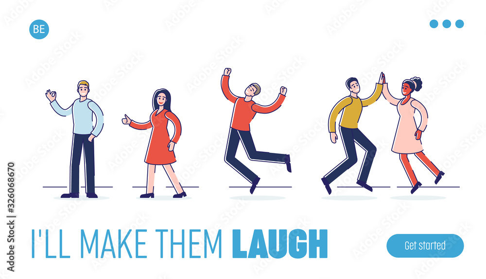 Human Positive Emotions And Happiness Concept. Website Landing Page.Group Of Happy People Are Expressing Positive Emotions Doing Hand Gestures.Web Page Cartoon Flat Outline Linear Vector Illustration