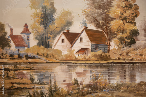 Oil rural landscape paintings, river, village, fine art, digital