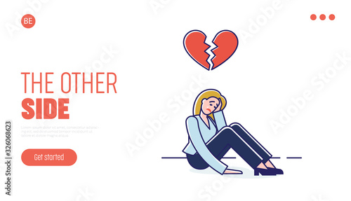 Concept Of Human Behavior and Negative Emotions. Website Landing Page. Woman Cry, Feel Broken, Because Of Conflict In Relationships. Web Page Cartoon Linear Outline Flat Style. Vector Illustration