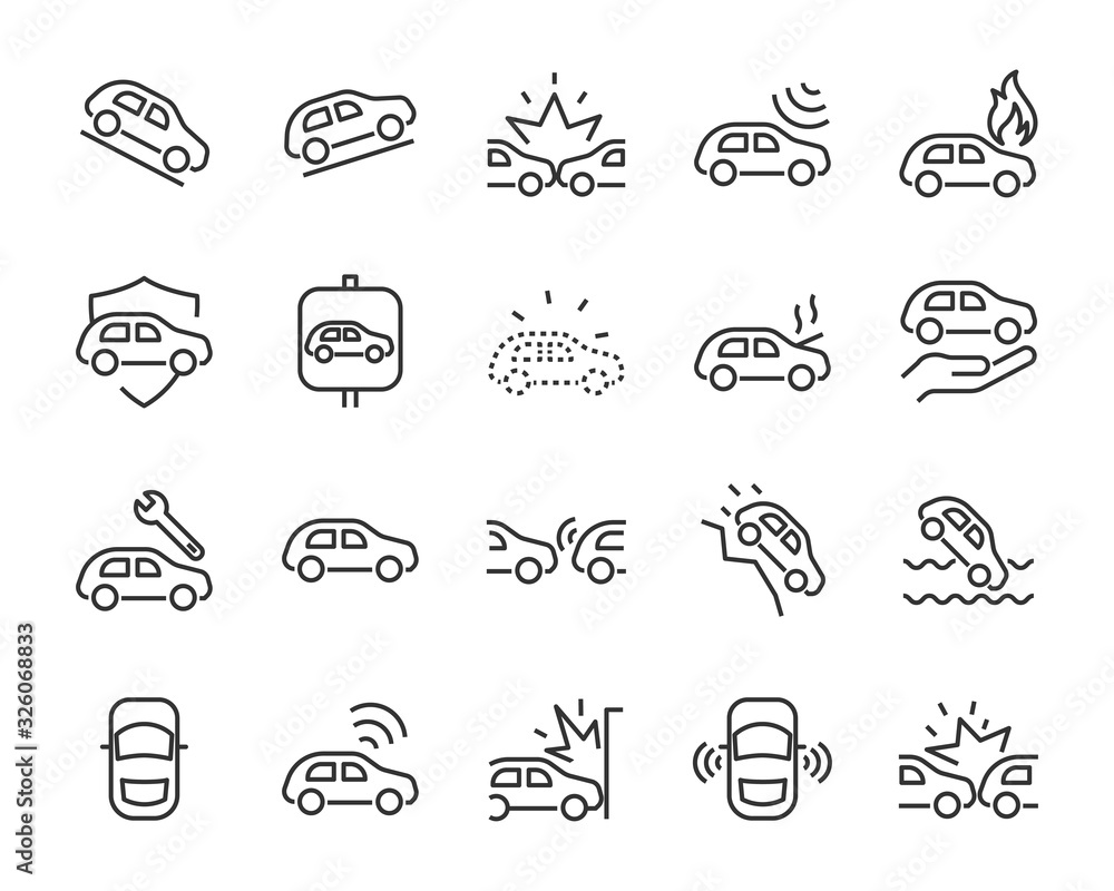 set of car icons, autocare, accident, crash, insurance, transport