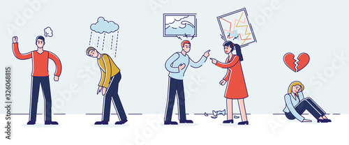 Human Negative Emotions Concept. Group Of Aggressive People With Negative Emotions Quarrelling, Shouting To Each Other, Complain And Grudge. Cartoon Linear Outline Flat Style. Vector Illustration