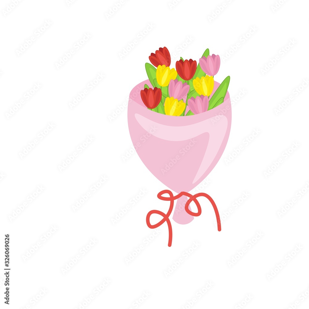 Bouquet with spring tulips in a pink wrapper isolated on a white background. Stock vector illustration for decoration and design, packaging, fabrics, postcards, web pages, Women's Day, poster, banner