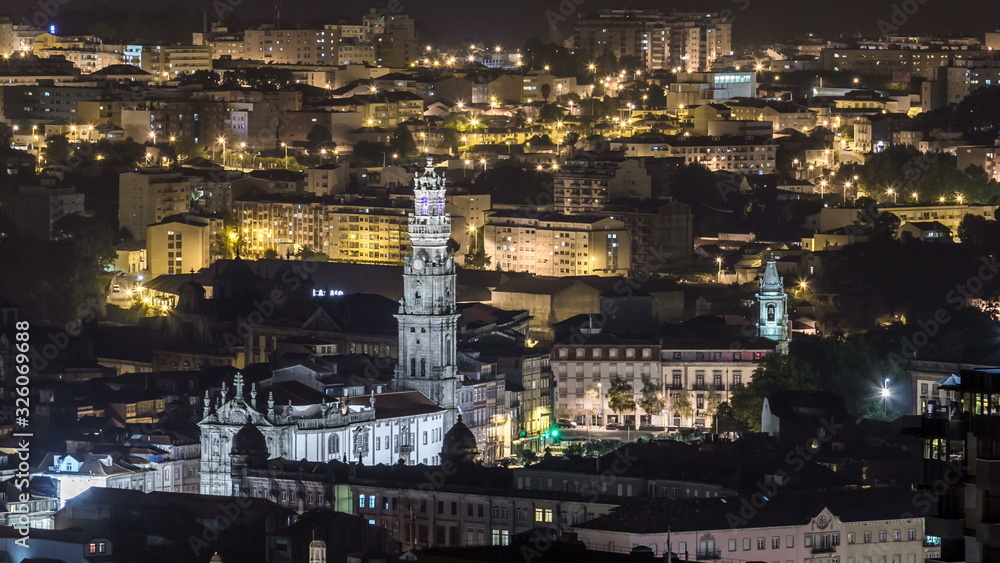 Rooftops of Porto's old town on spring night timelapse after sunset, Porto, Portugal