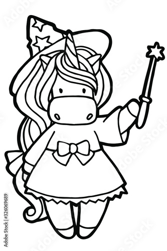 Vector illustration. Hand drawing. Cartoon witch unicorn with a magic wand in hand. Isolated on white. Coloring. Cute character. Original print. Halloween illustration.