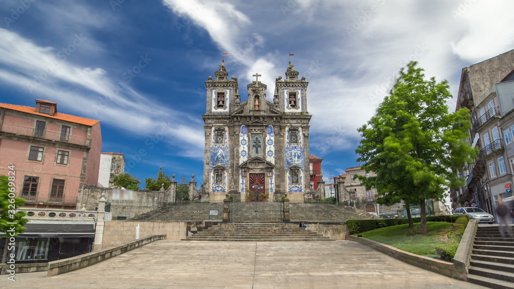Church of Saint Ildefonso timelapse , covered with typical Portuguese tiles called Azulejos in Porto, Portugal.