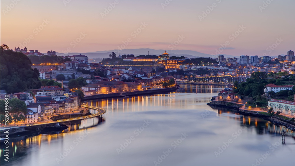 Before Sunrise at the most emblematic area of Douro river timelapse. World famous Porto wine production area.