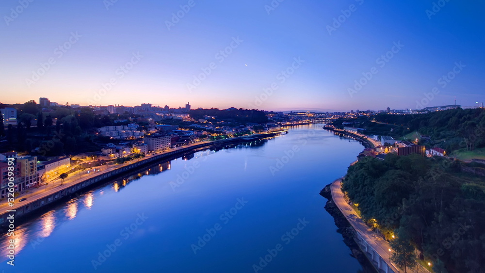 Before Sunrise at the most emblematic area of Douro river timelapse. World famous Porto wine production area.