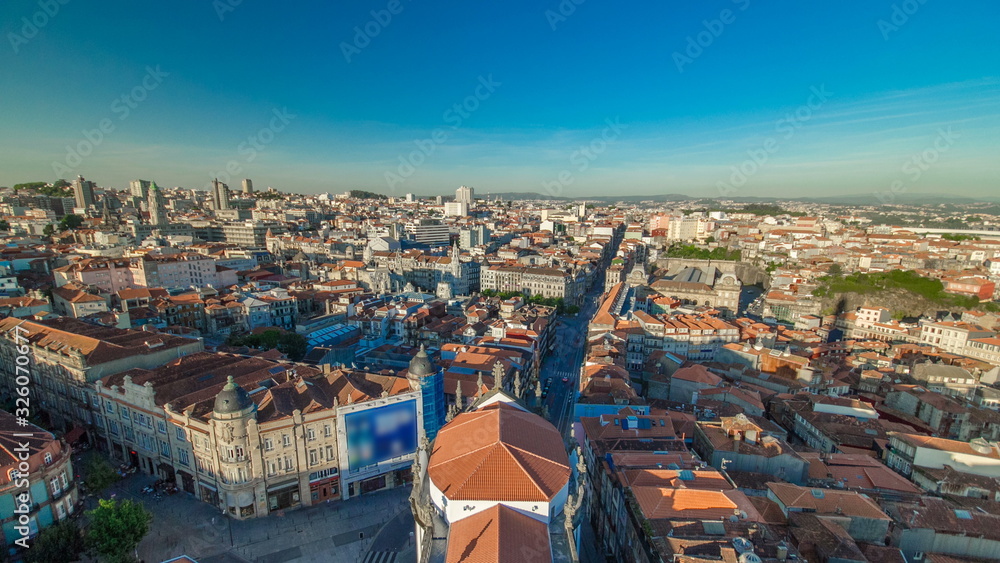 Red roofs of city centre and Clerigos church - view from Clerigos Tower in Porto timelapse, Portugal