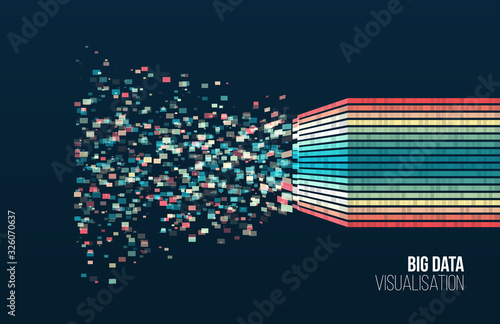 Big data visualization. Information analytics concept. Abstract stream information with square array and binary code. Filtering machine algorithms. Sorting data. Vector technology background.