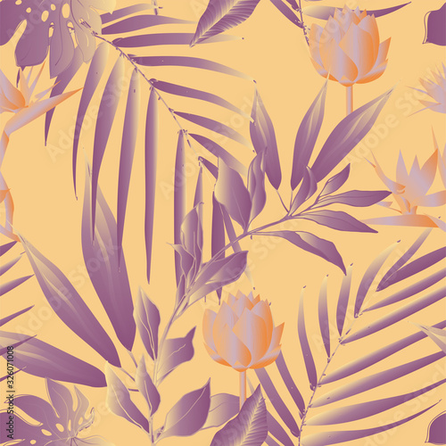Lotus flowers surrounded by palm leaves seamless pattern. Vector illustration with tropical plants.
