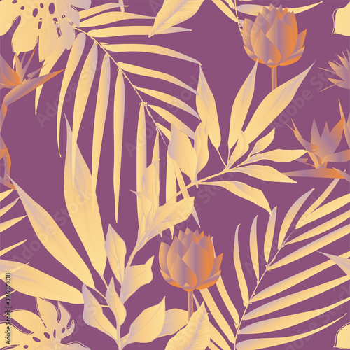 Lotus flowers surrounded by palm leaves seamless pattern. Vector illustration with tropical plants.