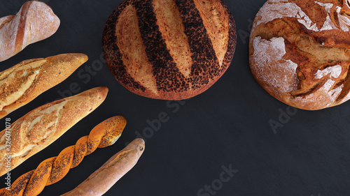Different types of bread and rolls in the top view. Kitchen or bakery poster design on dark.