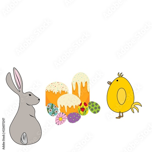 Chicken and hare near easter cakes and eggs in flat style isolated on white background. Stock vector illustration for decoration and design, packaging, Easter, cards, banners, posters, web pages